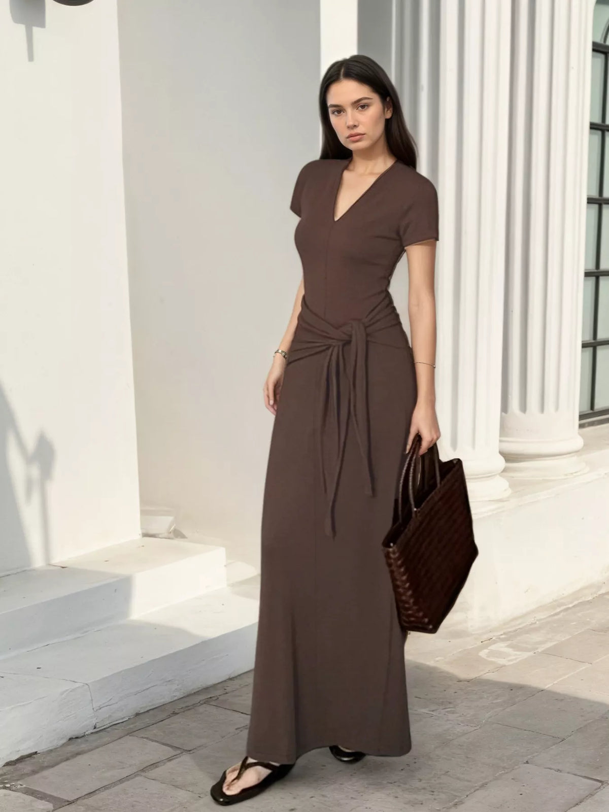 V-Neck Short Sleeve Maxi Dress with Waist-Tie Detail - Lilixa.store
