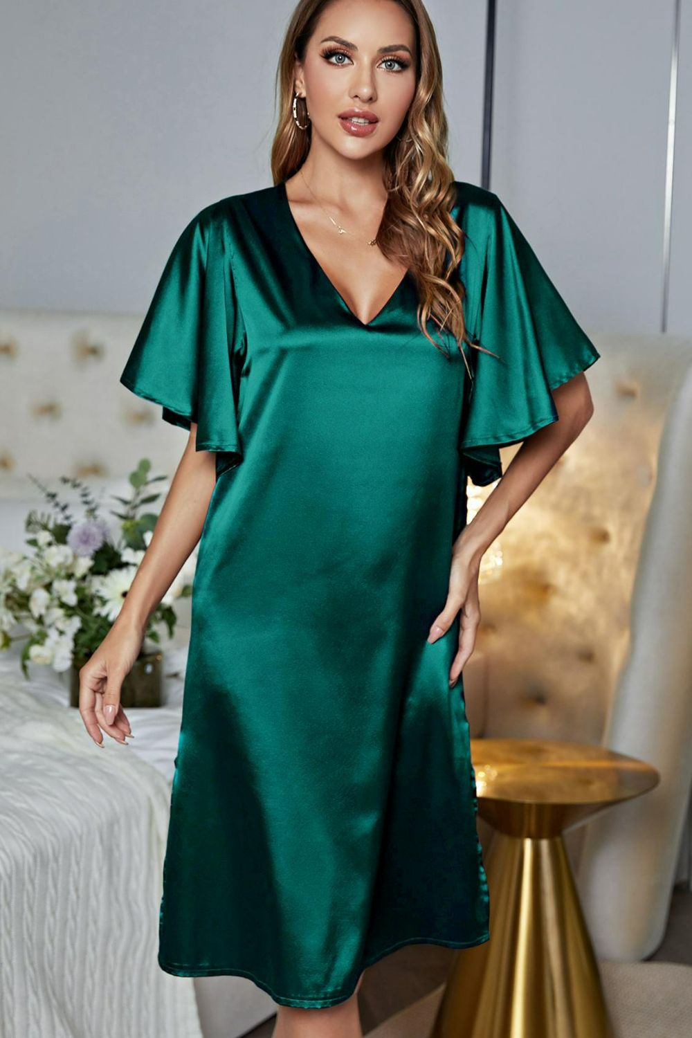 Satin Flutter Sleeve Side Slit V-Neck Night Dress - Lilixa.store