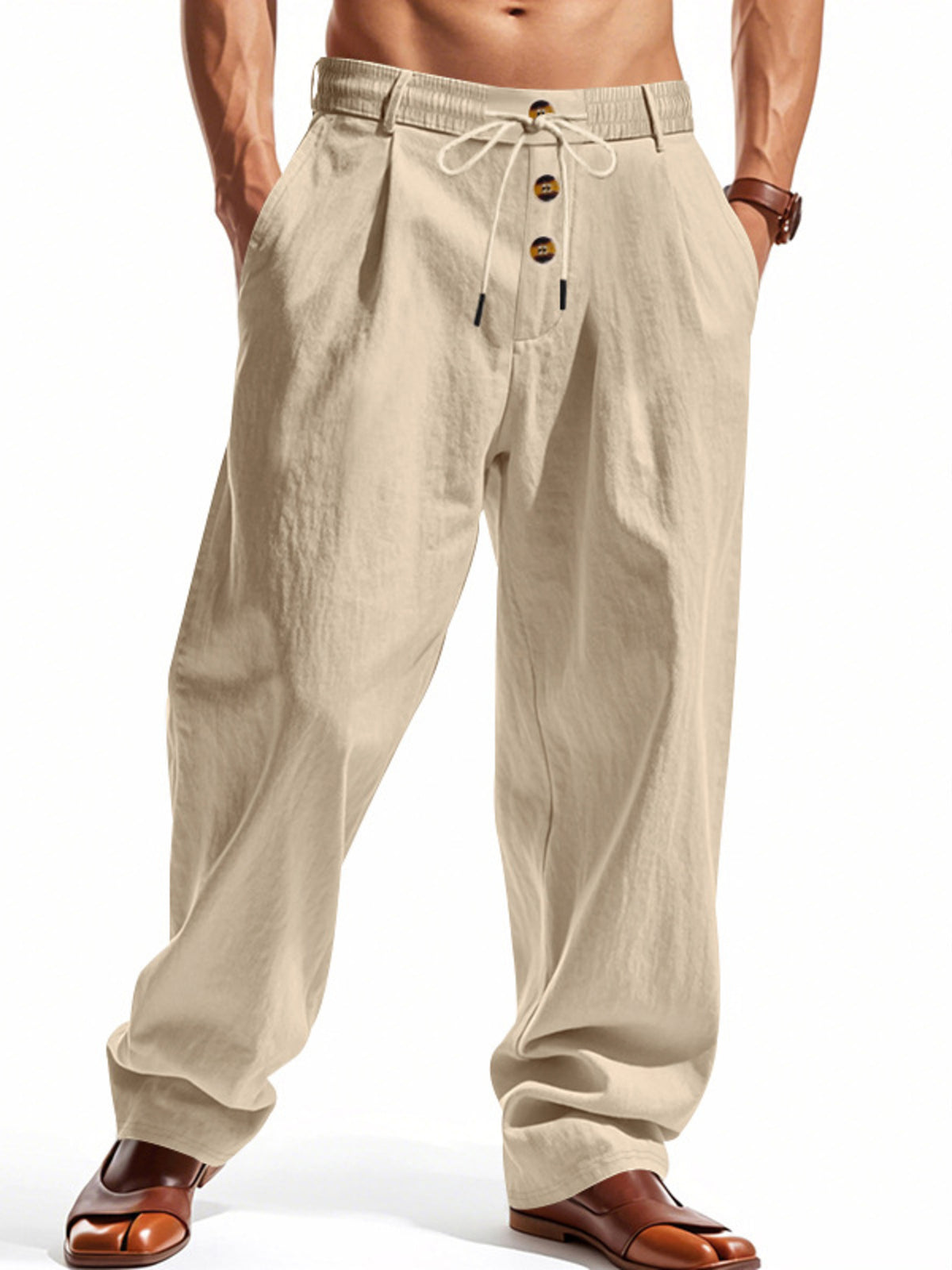 Men's Full Size Drawstring Loose Fit Pants Plus Size in Light Khaki