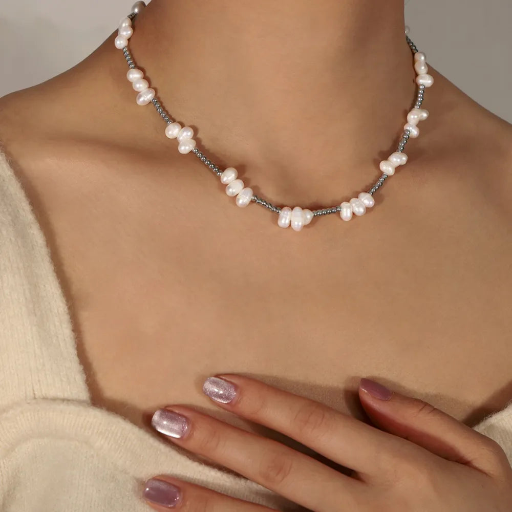 Freshwater Pearl Titanium Steel Bead Necklace in Silver