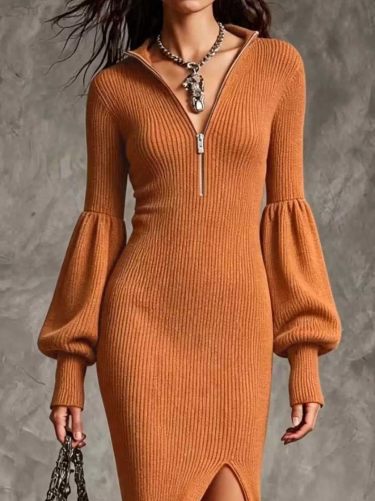 Ribbed Knit Quarter-Zip Lantern Sleeve Sweater Dress