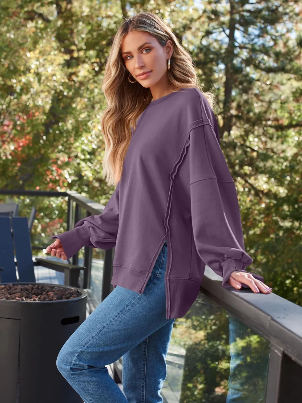 Slit Round Neck Long Sleeve Sweatshirt - Lilixa.store