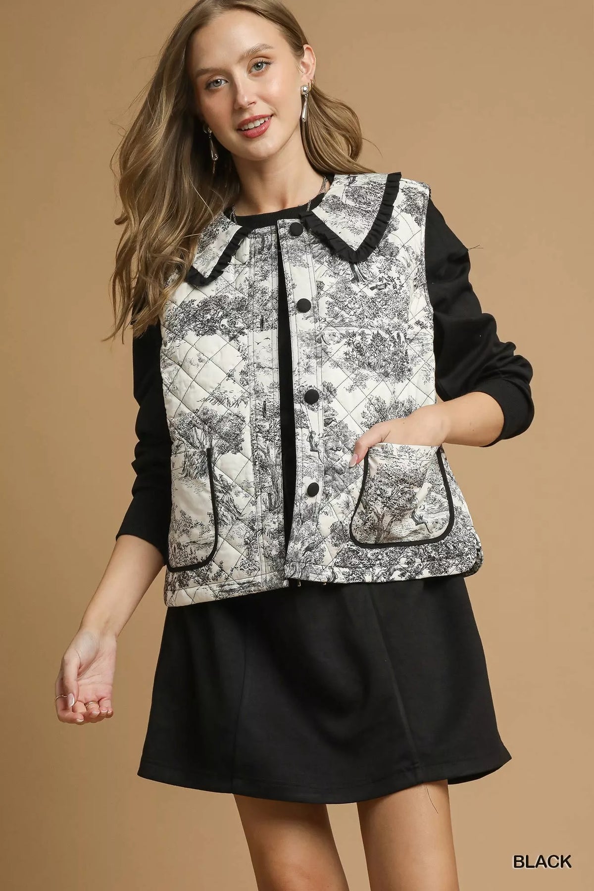 Umgee Toile Quilted Vest with Ruffle Collar - Lilixa.store