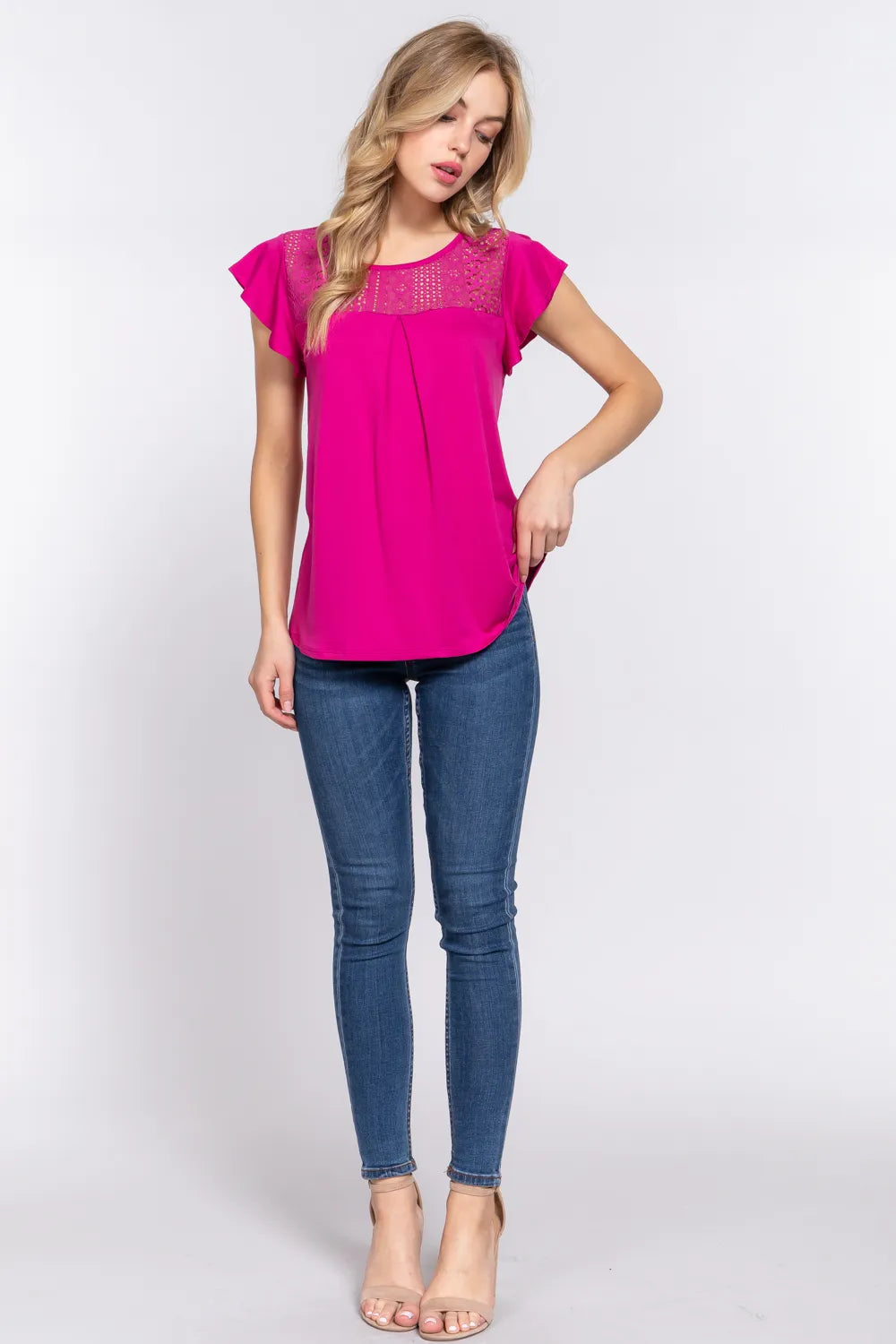 ACTIVE BASIC Ruffle Short Sleeve Lace Detail Knit Top - Lilixa.store