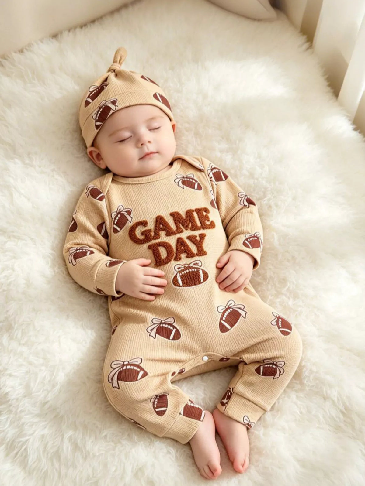 Children's Football Print Game Day Long Sleeve Jumpsuit and Hat Set - Lilixa.store