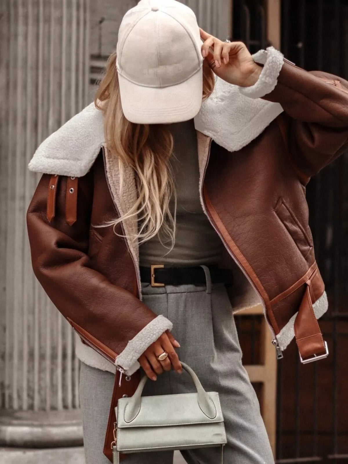Shearling Lined Zip Up Jacket in Brown