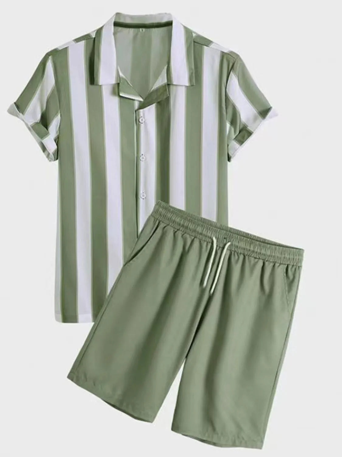Men's Full Size Striped Casual Shirt and Shorts Set Plus Size in Green