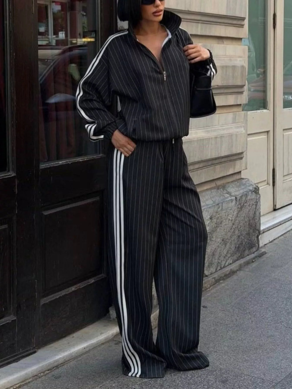 Side Stripe Zip Up Jacket and Pants Set - Lilixa.store