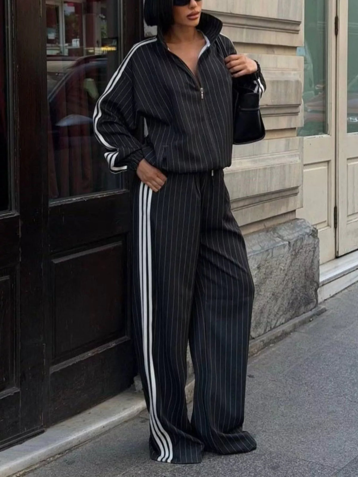Side Stripe Zip Up Jacket and Pants Set - Lilixa.store