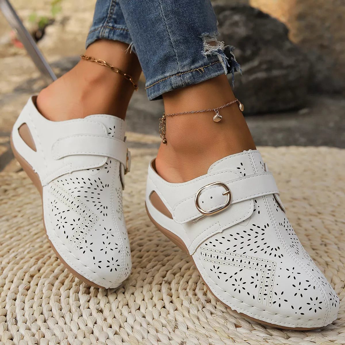 Casual Buckle Slip-Ons in White