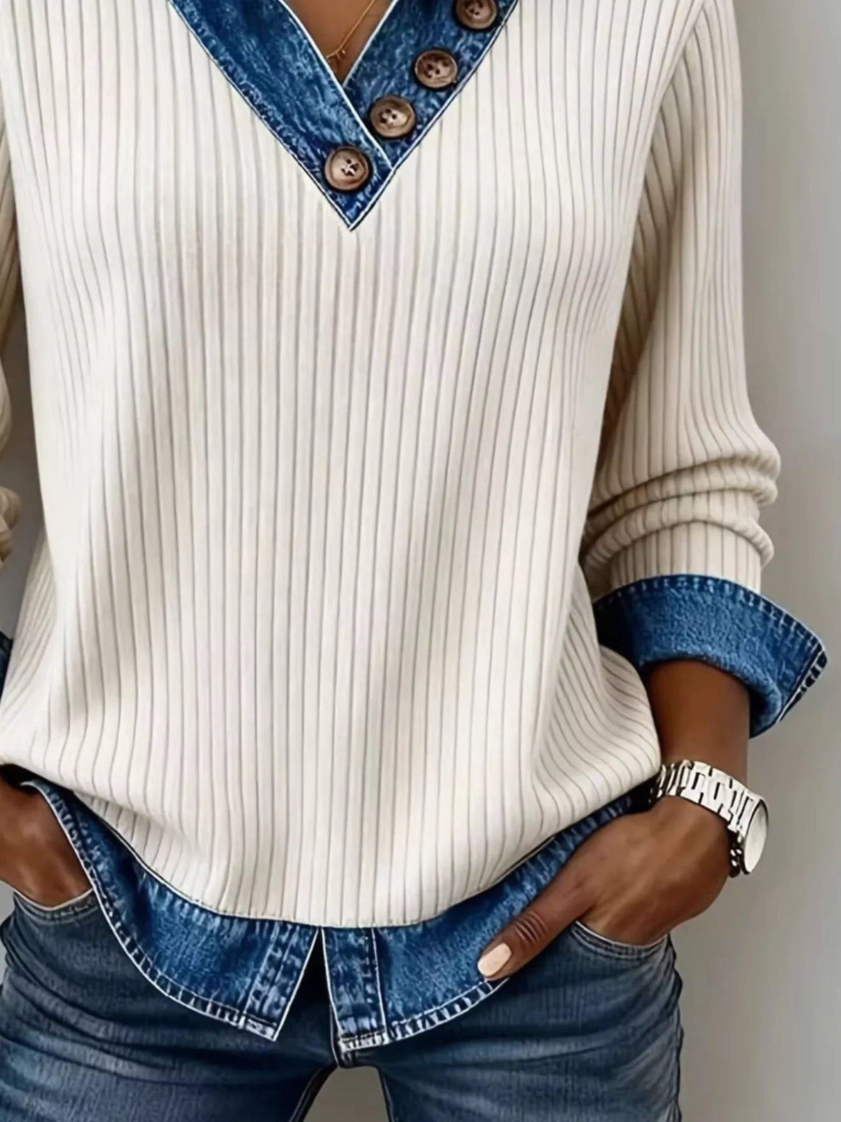 Ribbed Knit Denim Trim T-Shirt