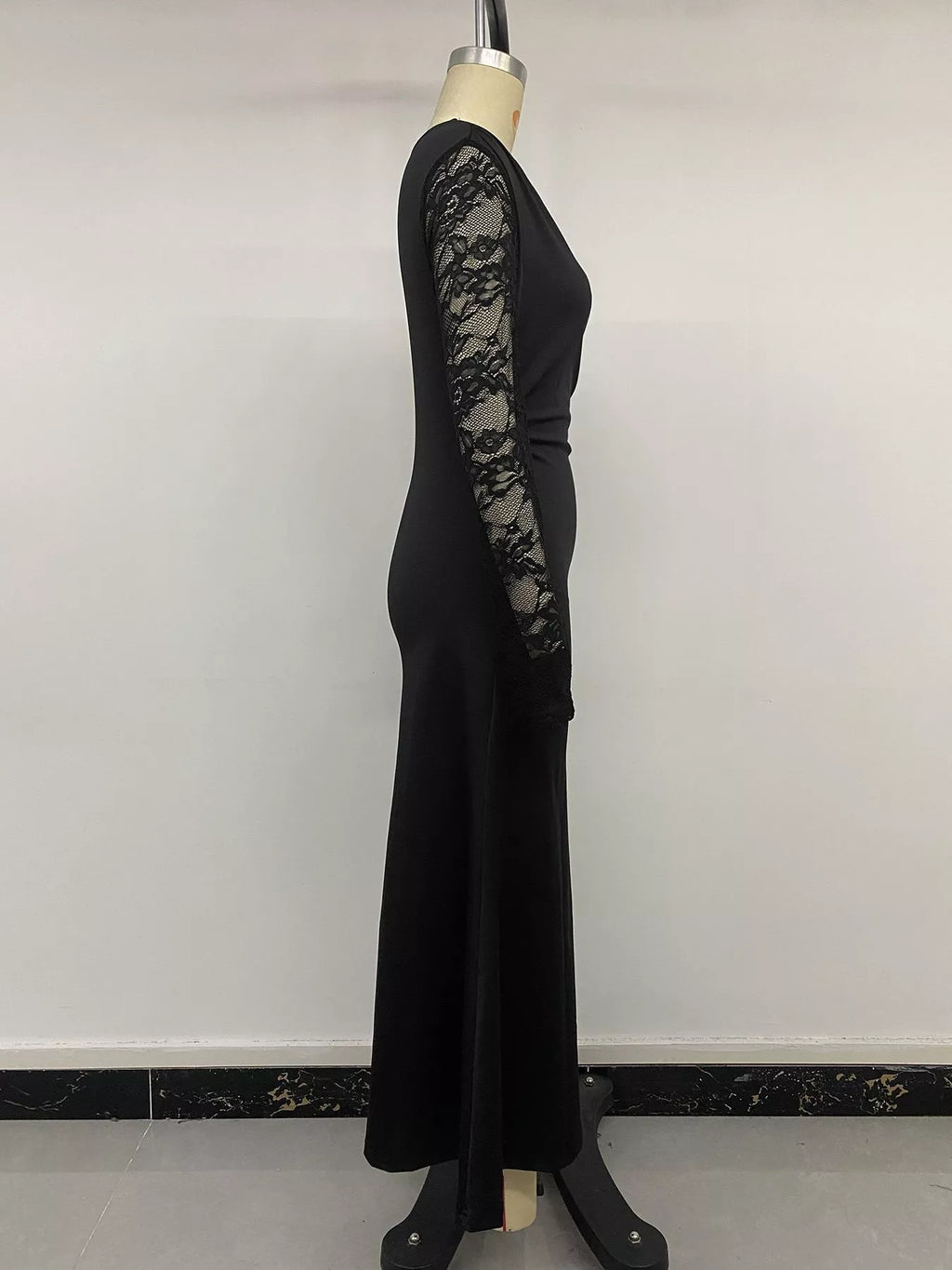 One-Shoulder Lace Sleeve Maxi Dress - Lilixa.store