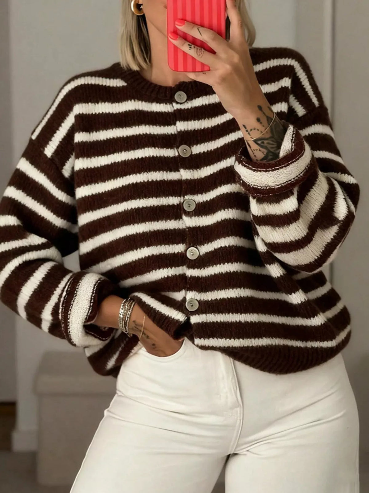 Striped Button-Down Cardigan - Lilixa.store