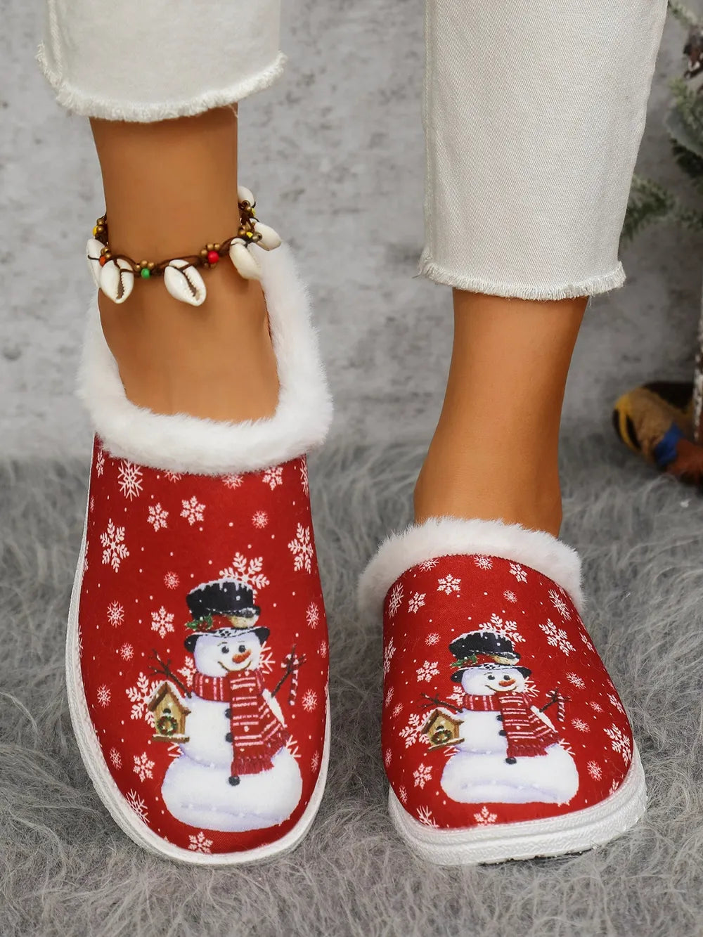 Snowman Print Flat Slippers with Faux Fur - Lilixa.store