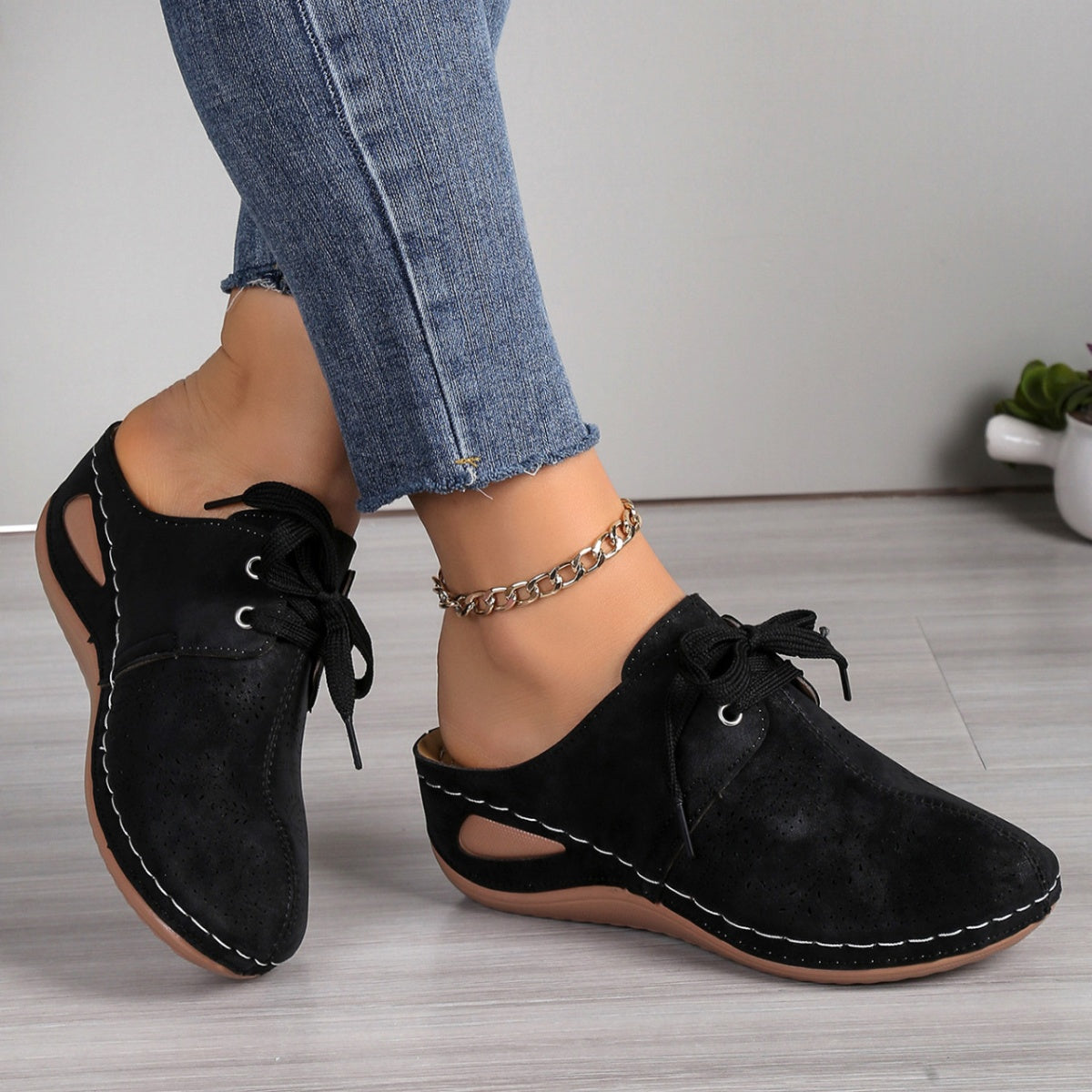 Lace-Up Wedge Slip-Ons in Black