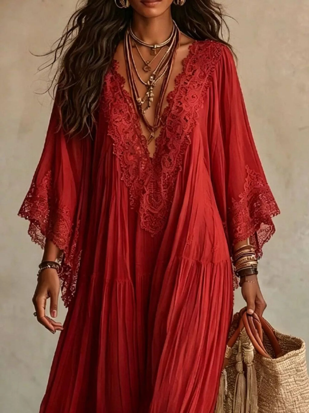 Lace Trim V-Neck Maxi Dress - Lilixa.store