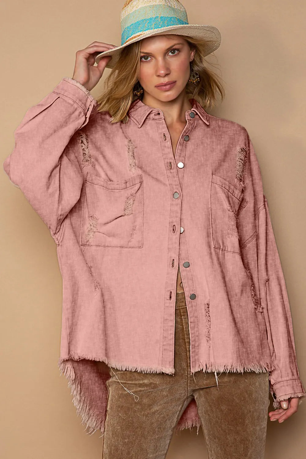 POL Button Down Raw Hem Distressed Shacket in Powder Brick, view 3