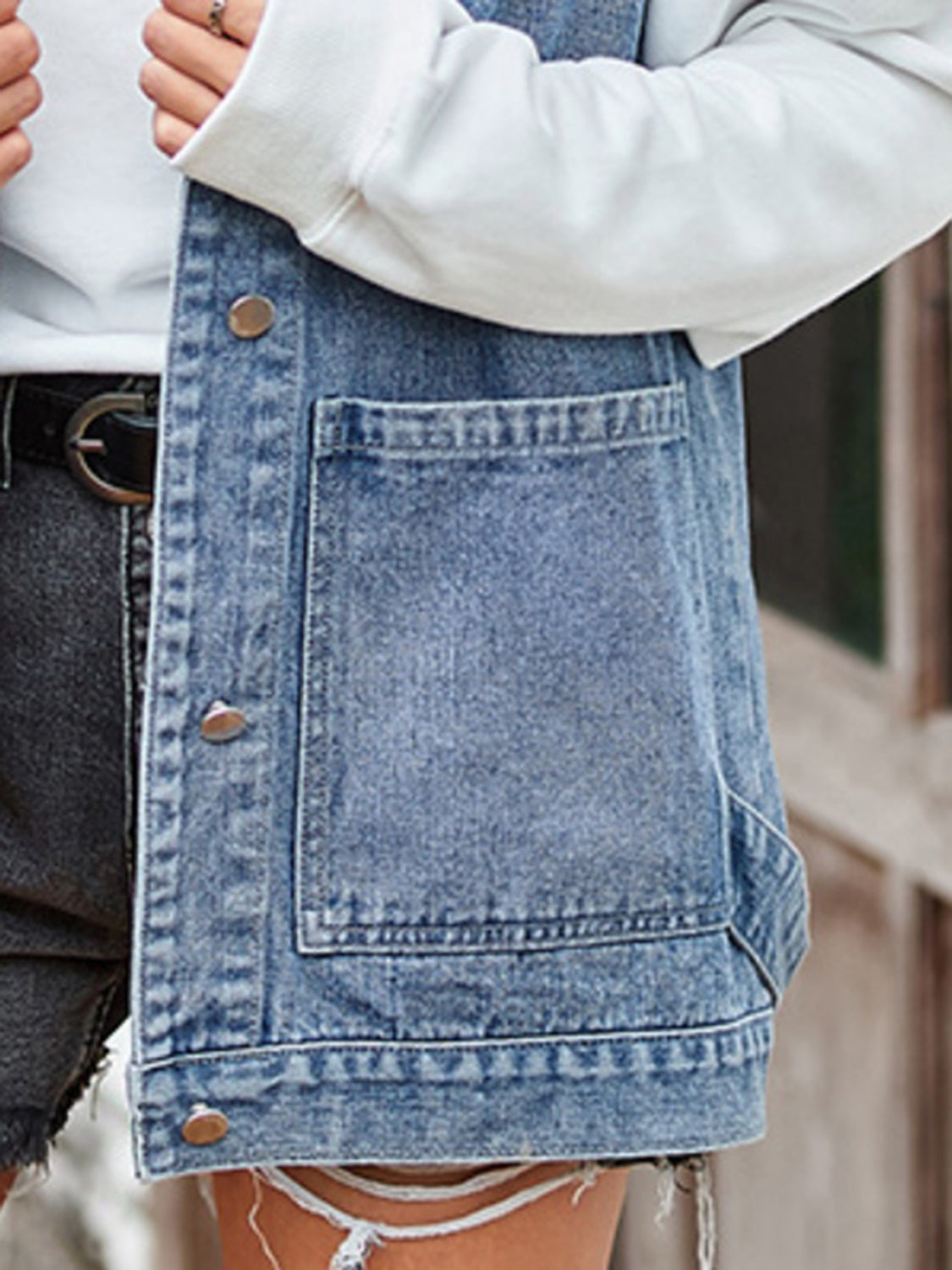 Button Up Sleeveless Denim Jacket with Pockets in Black, view 3
