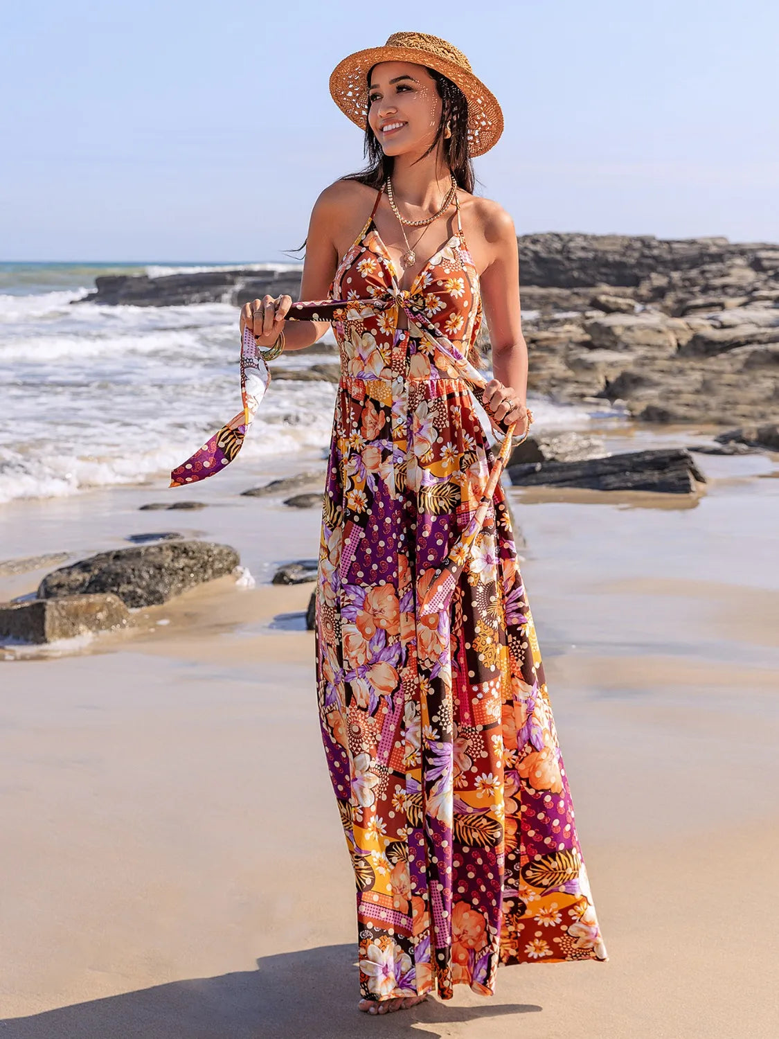 Slit Printed Halter Neck Cami Dress in Multicolor, view 3