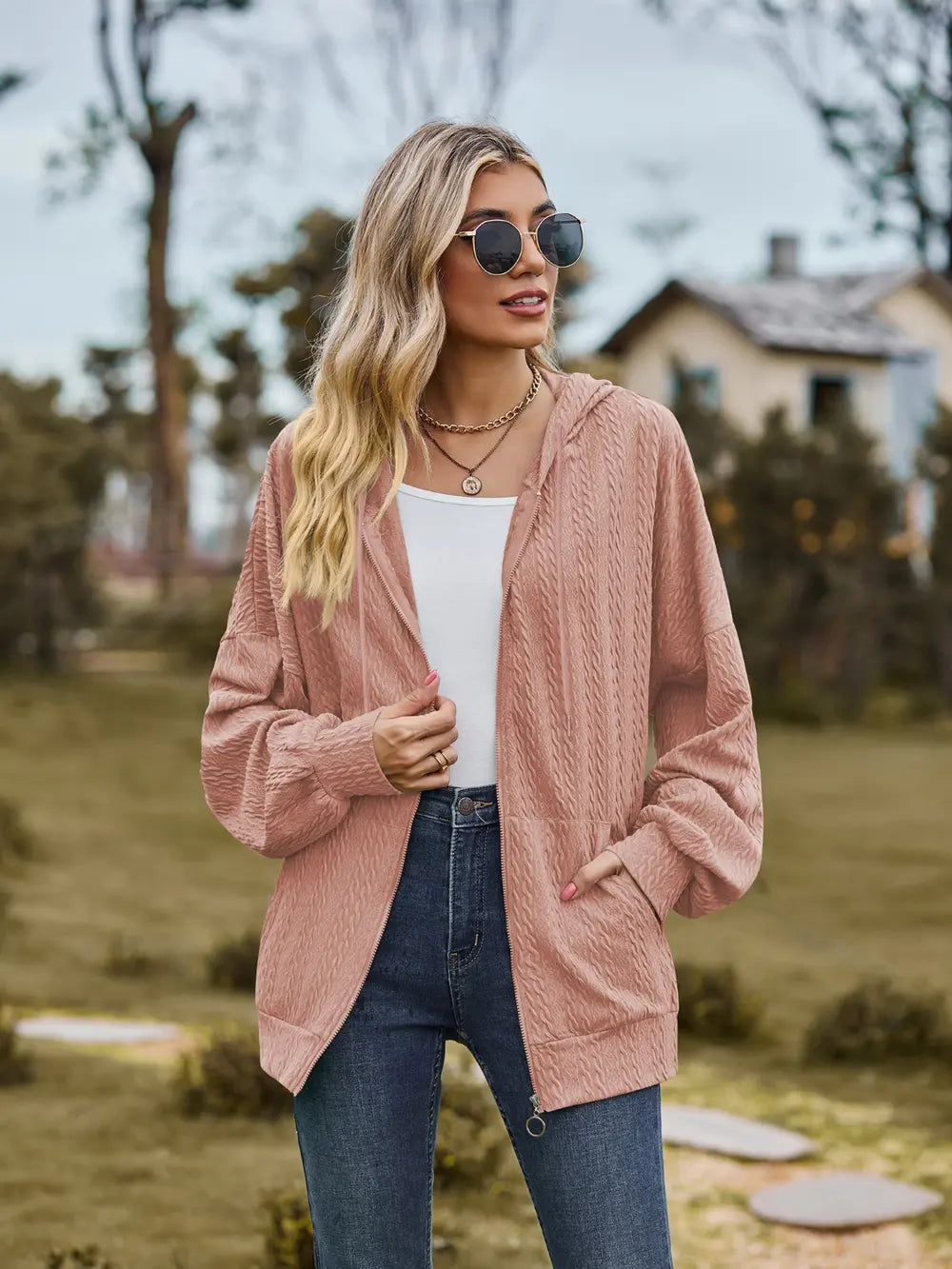 Zip Up Drawstring Long Sleeve Hooded Jacket in Pale Blush