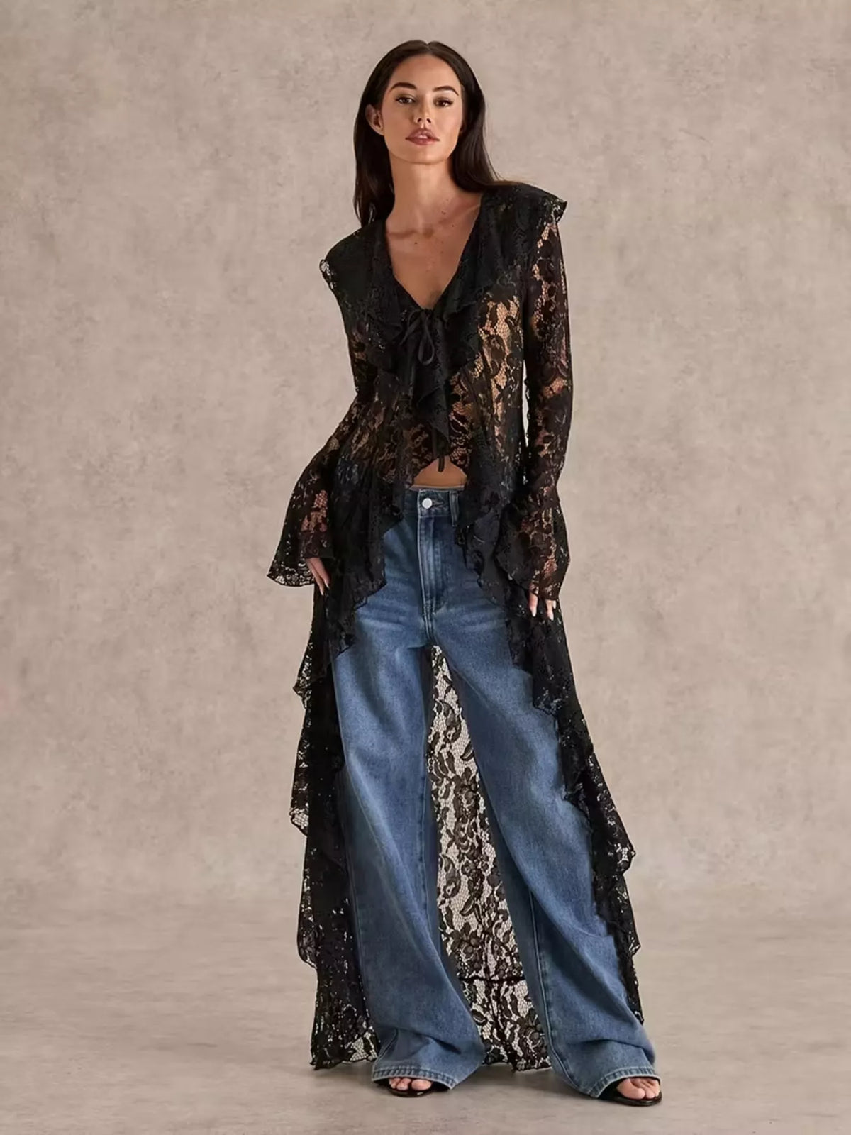 Lace Ruffle Trim High-Low Blouse - Lilixa.store