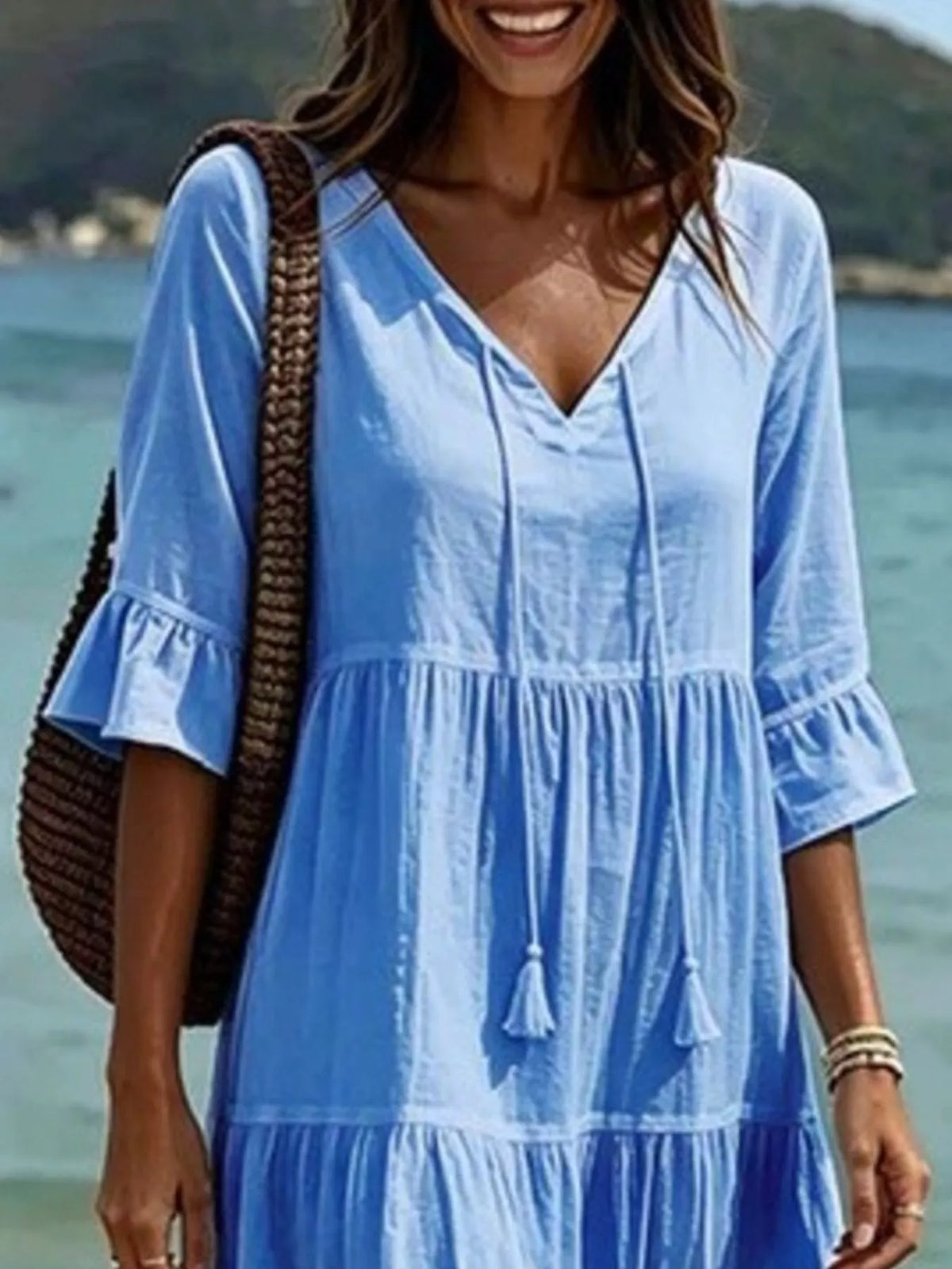 Full Size Tiered Tie Neck Flounce Sleeve Dress Plus Size - Lilixa.store