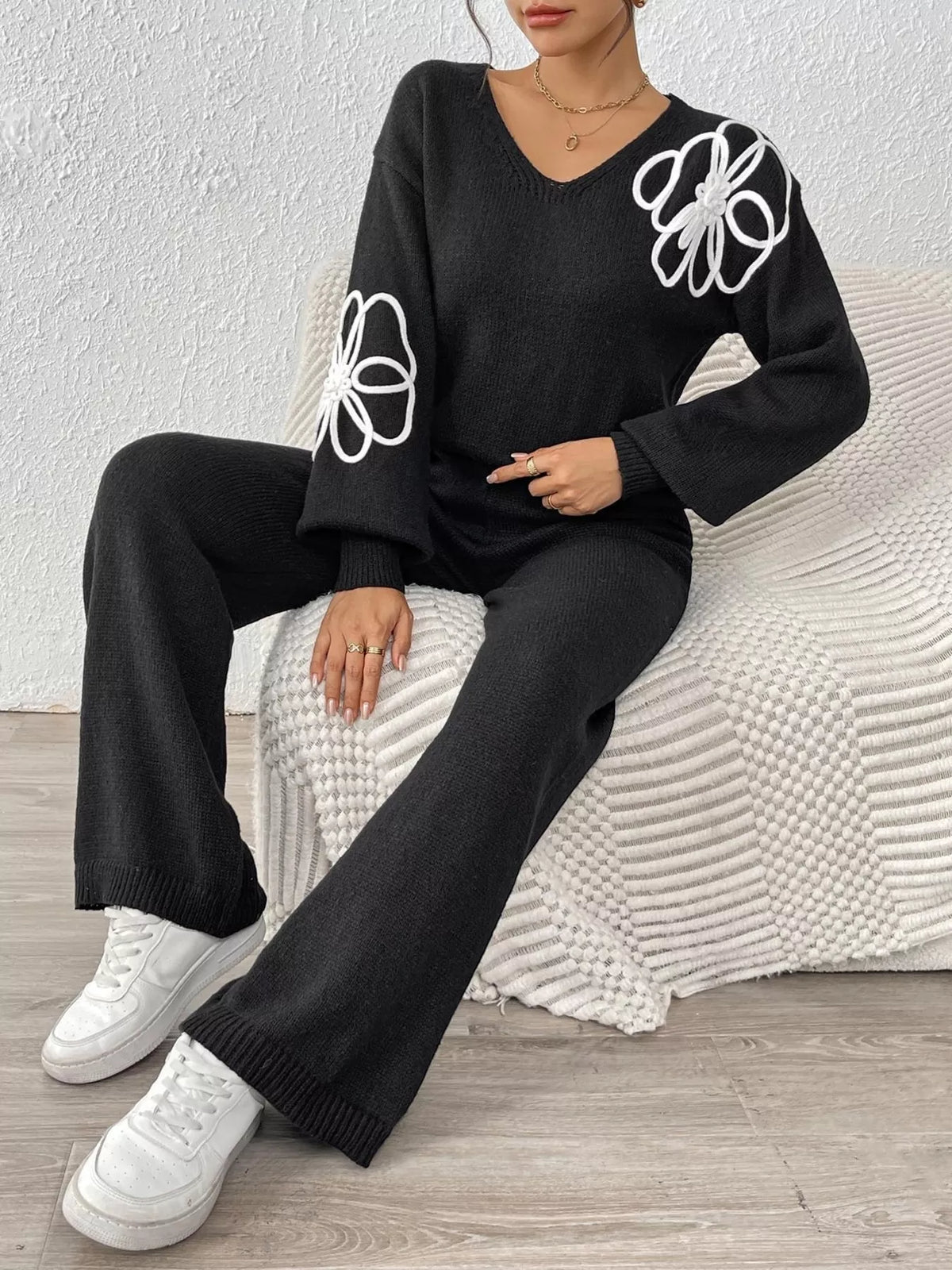 V-Neck Dropped Shoulder Top and Pants Sweater Set