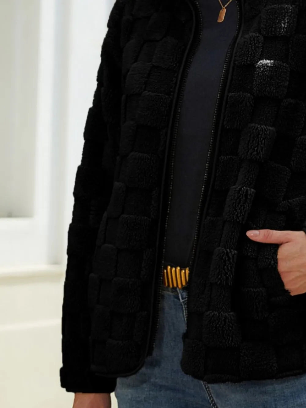 Fuzzy Checkered Zip Up Jacket, view 6