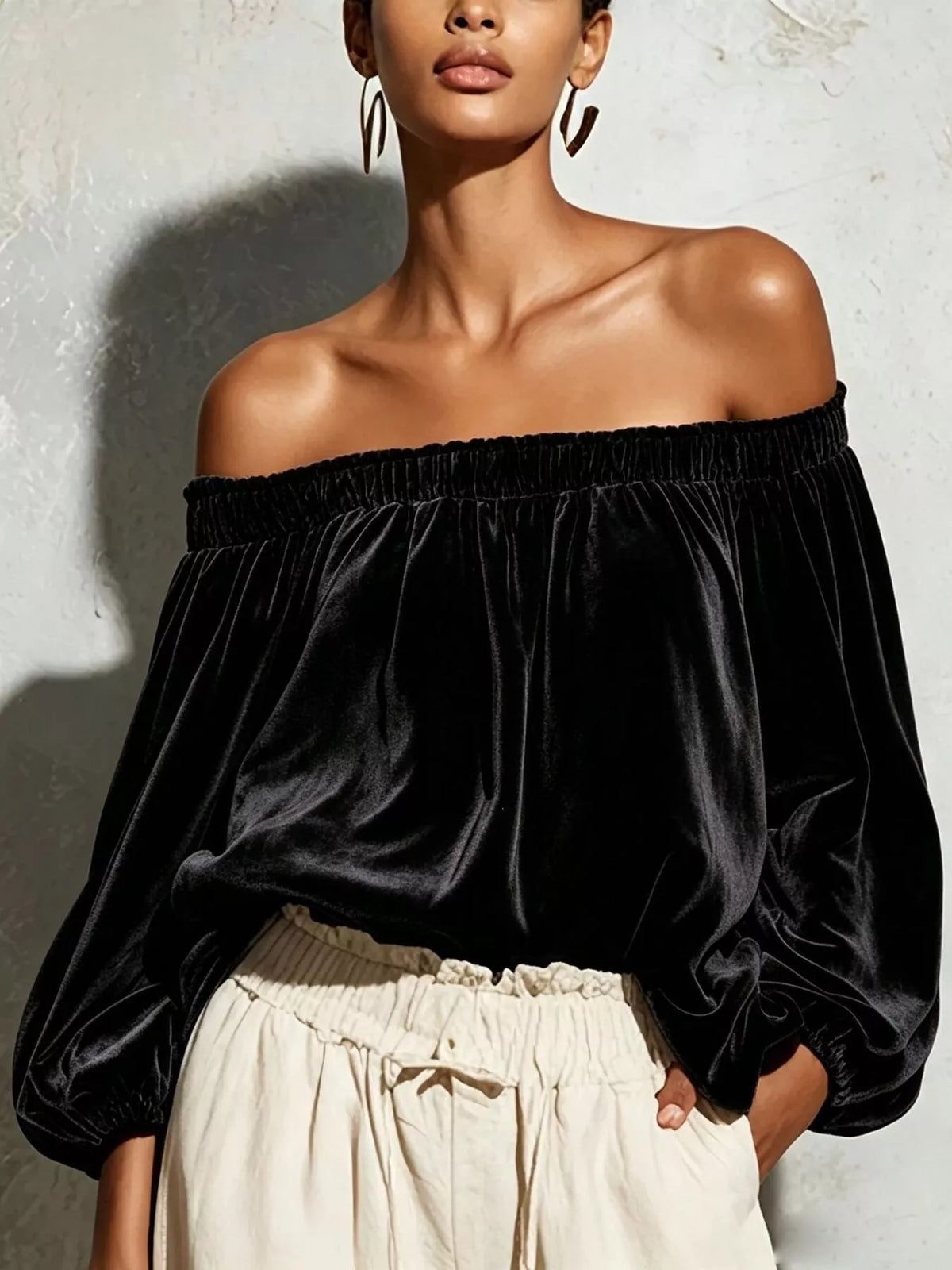 Off-Shoulder Velvet Long Sleeve T-Shirt - Lilixa.store