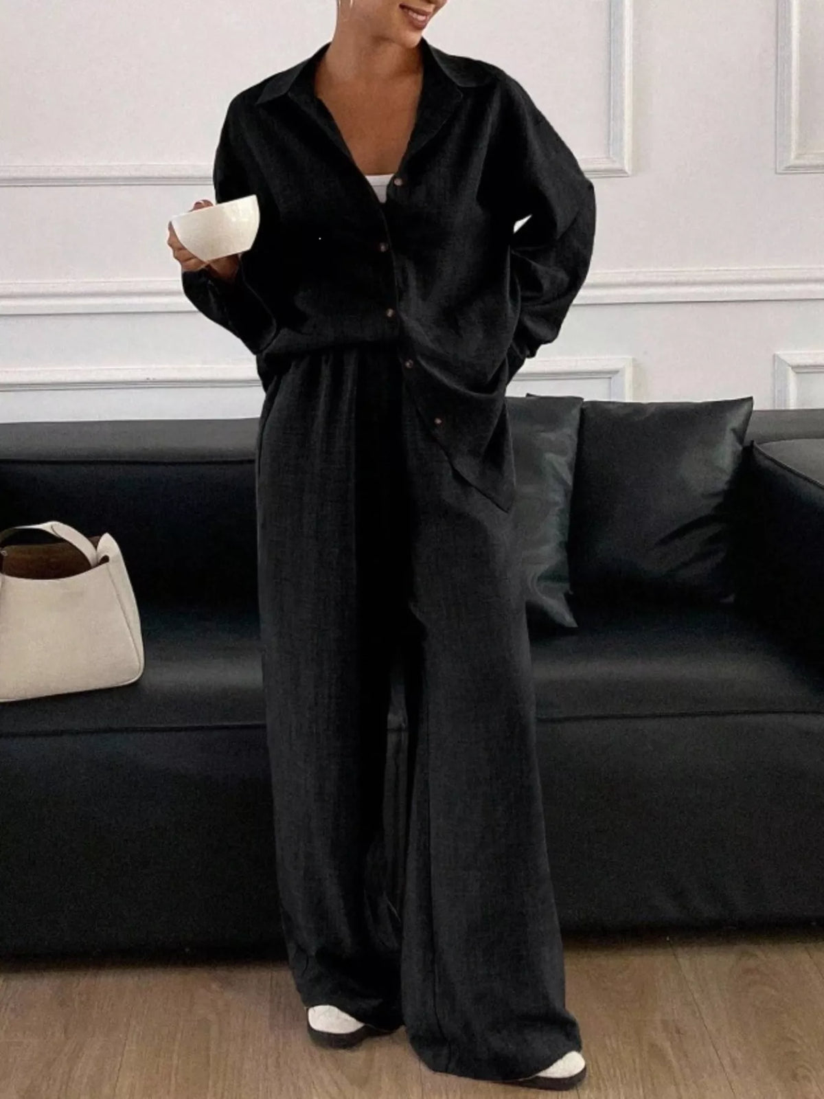 Button-Down Shirt and Wide-Leg Pants Set, view 8