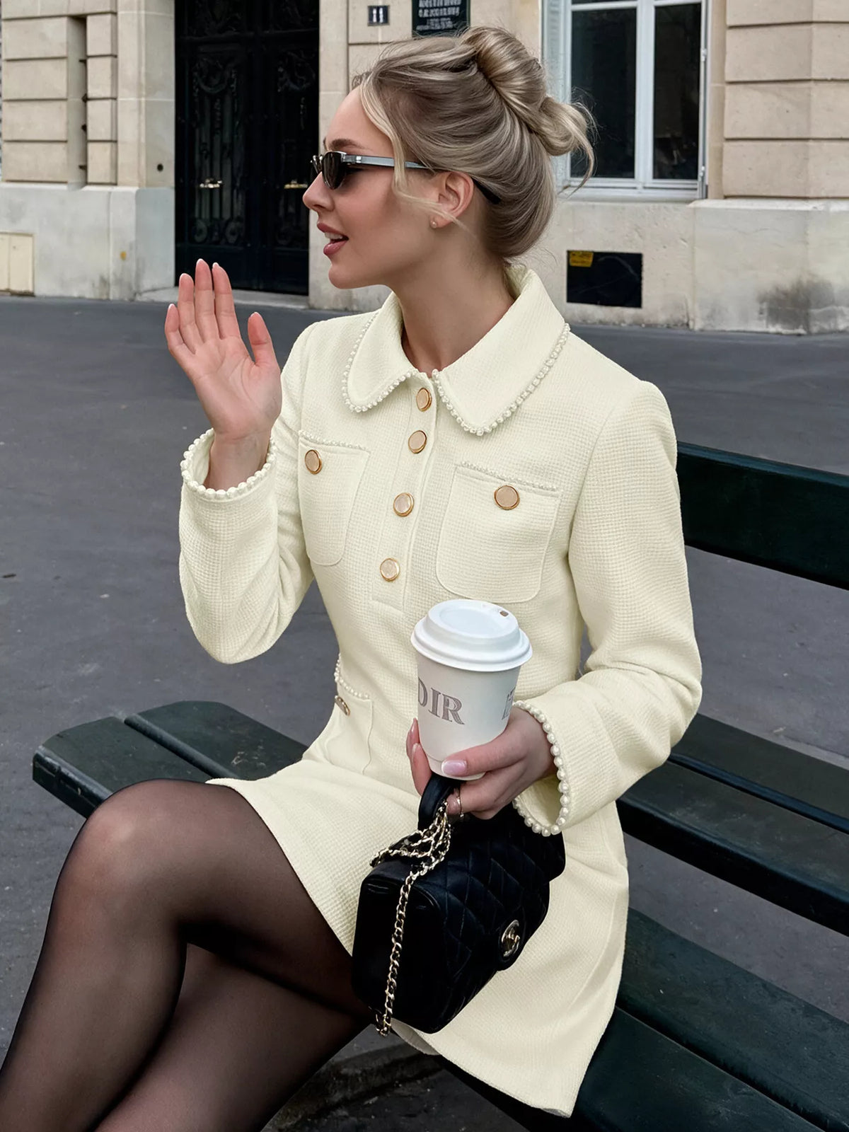 Peter Pan Collar Button-Front Tweed Mini Dress
