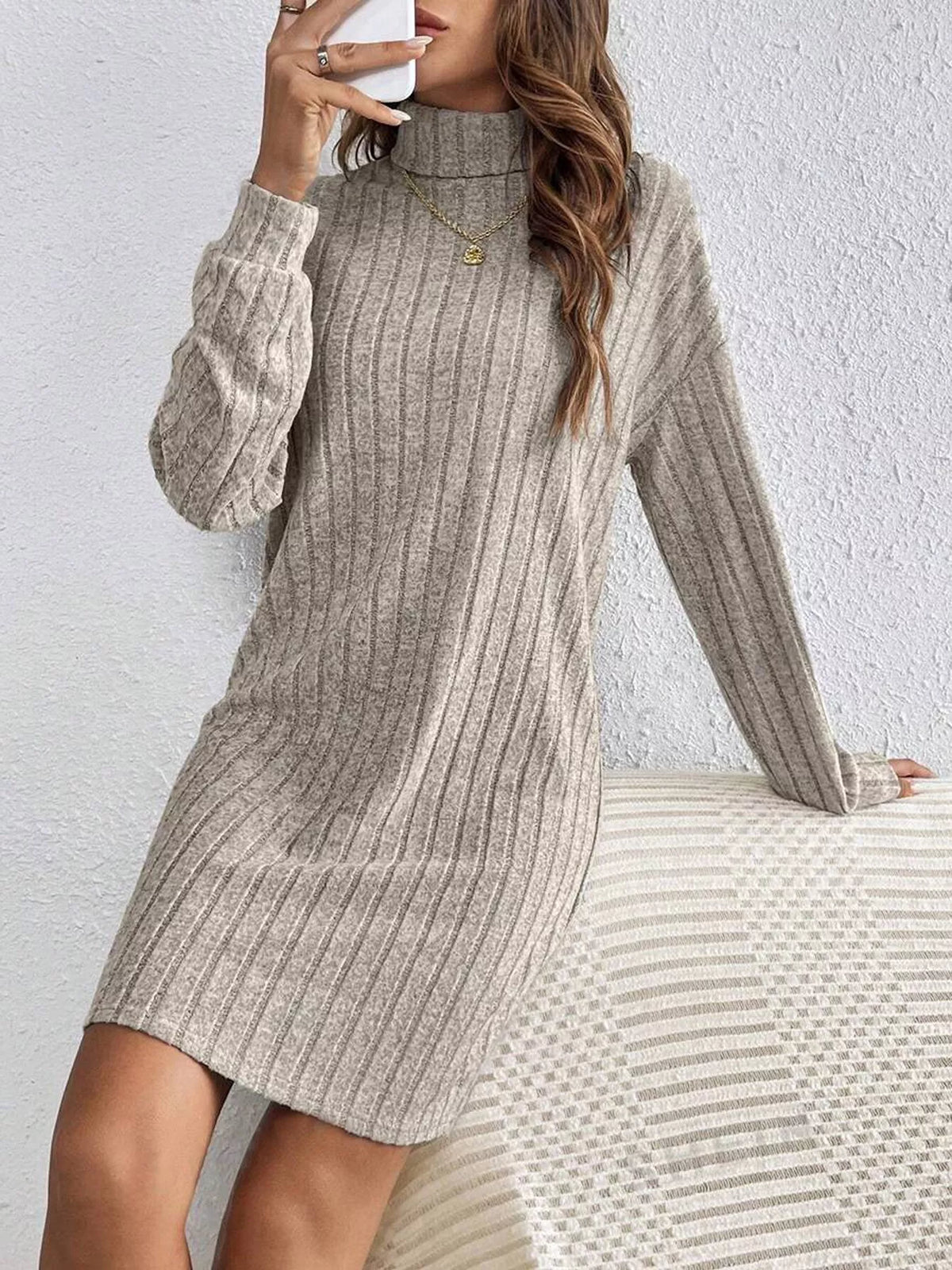 Turtleneck Ribbed Knit Dress - Lilixa.store