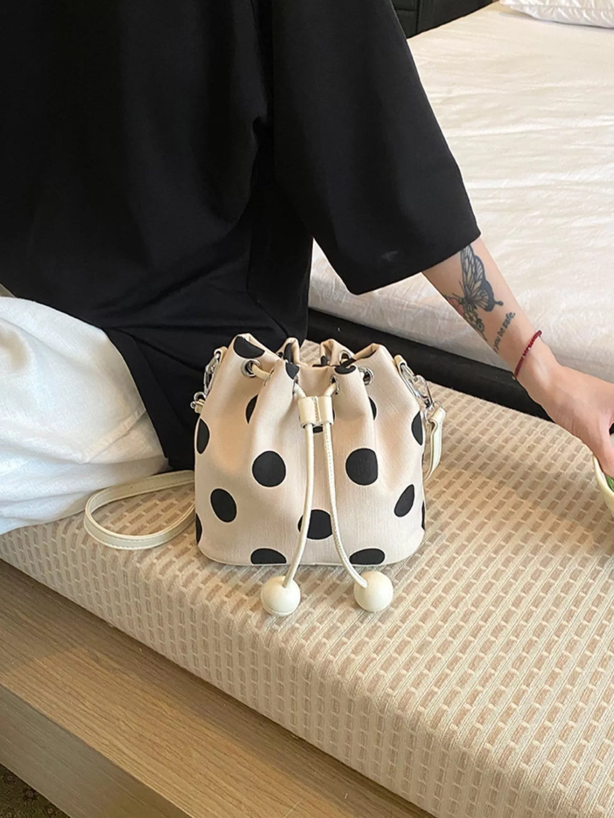 Polka Dot Drawstring Bucket Crossbody Bag - Lilixa.store