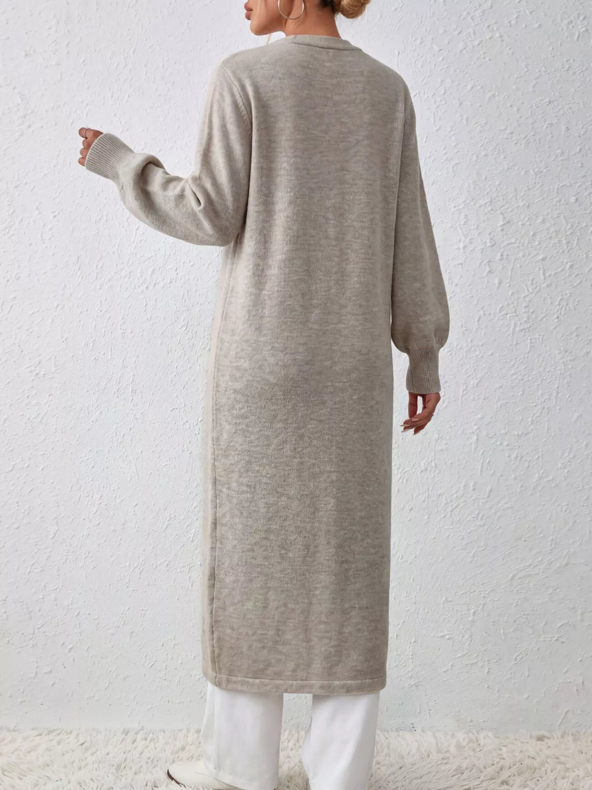 Elegant Longline Button-Front Cardigan with Lantern Sleeves, view 3
