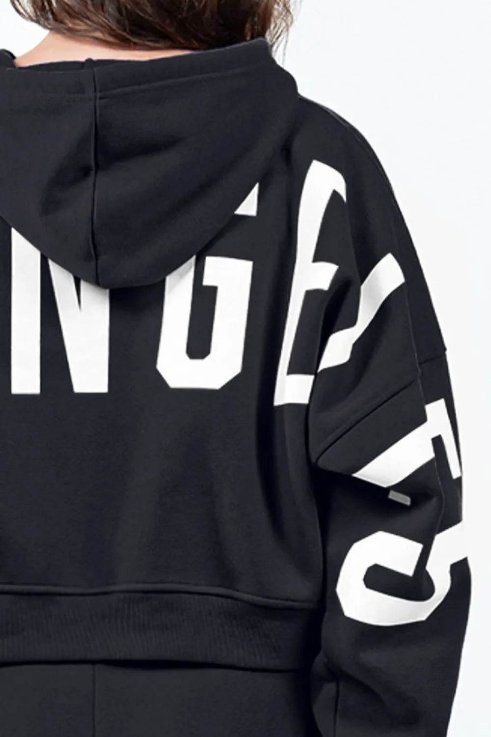 American Bazi Letter Graphic Long Sleeve Drawstring Cropped Hoodie - Lilixa.store