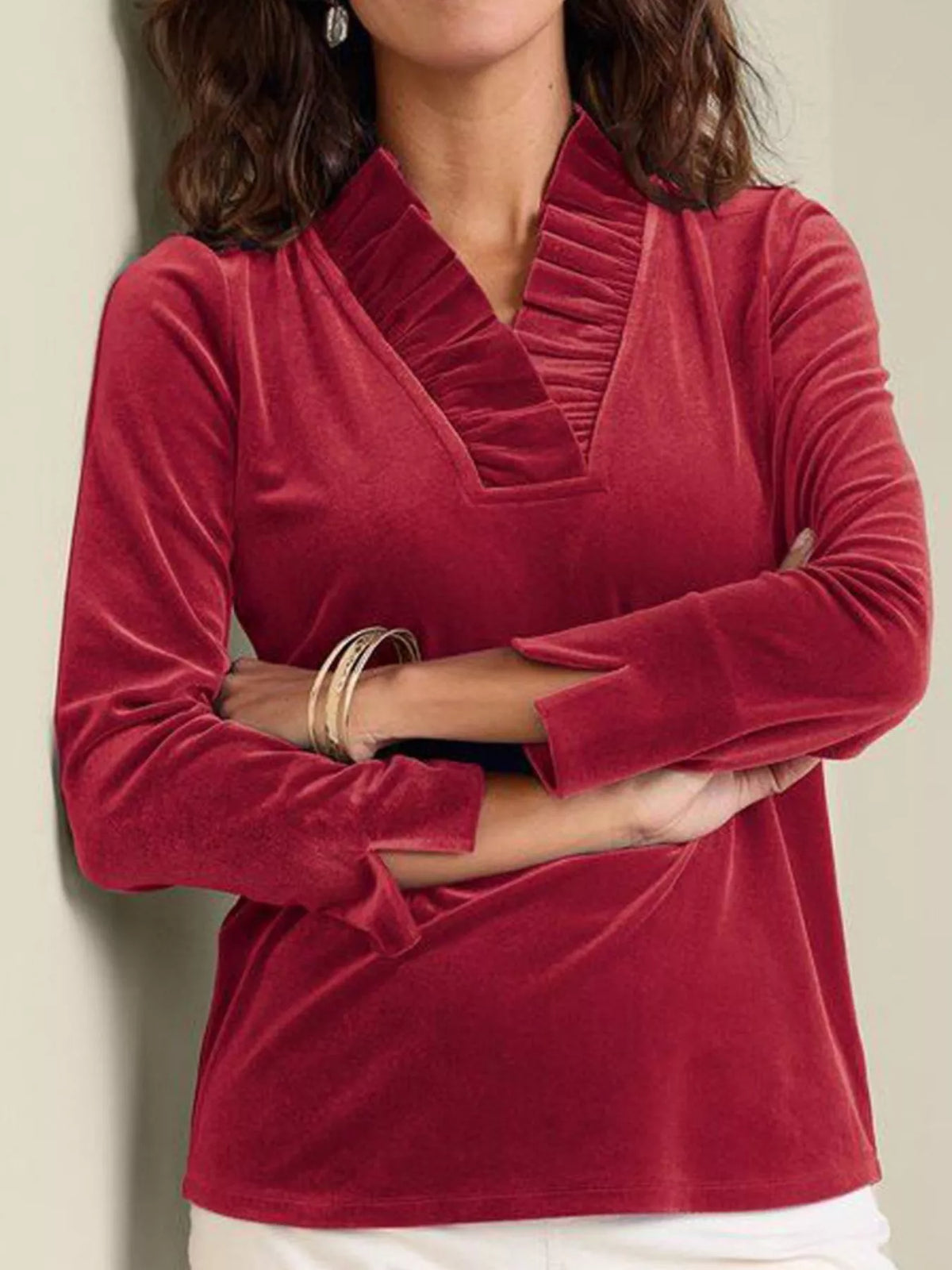 Velvet Long Sleeve Blouse with Ruffled V-Neck in Wine Red
