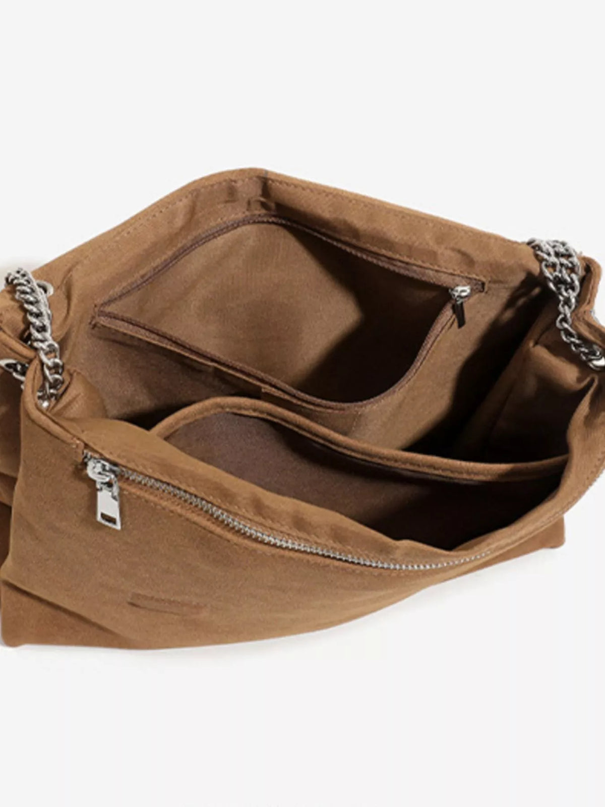 Suede Shoulder Bag with Metallic Chain Strap, view 4