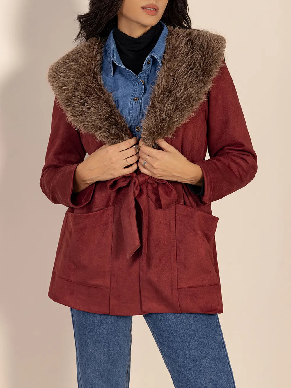 Fuzzy Collared Neck Tie Waist Jacket in Burgundy, view 3