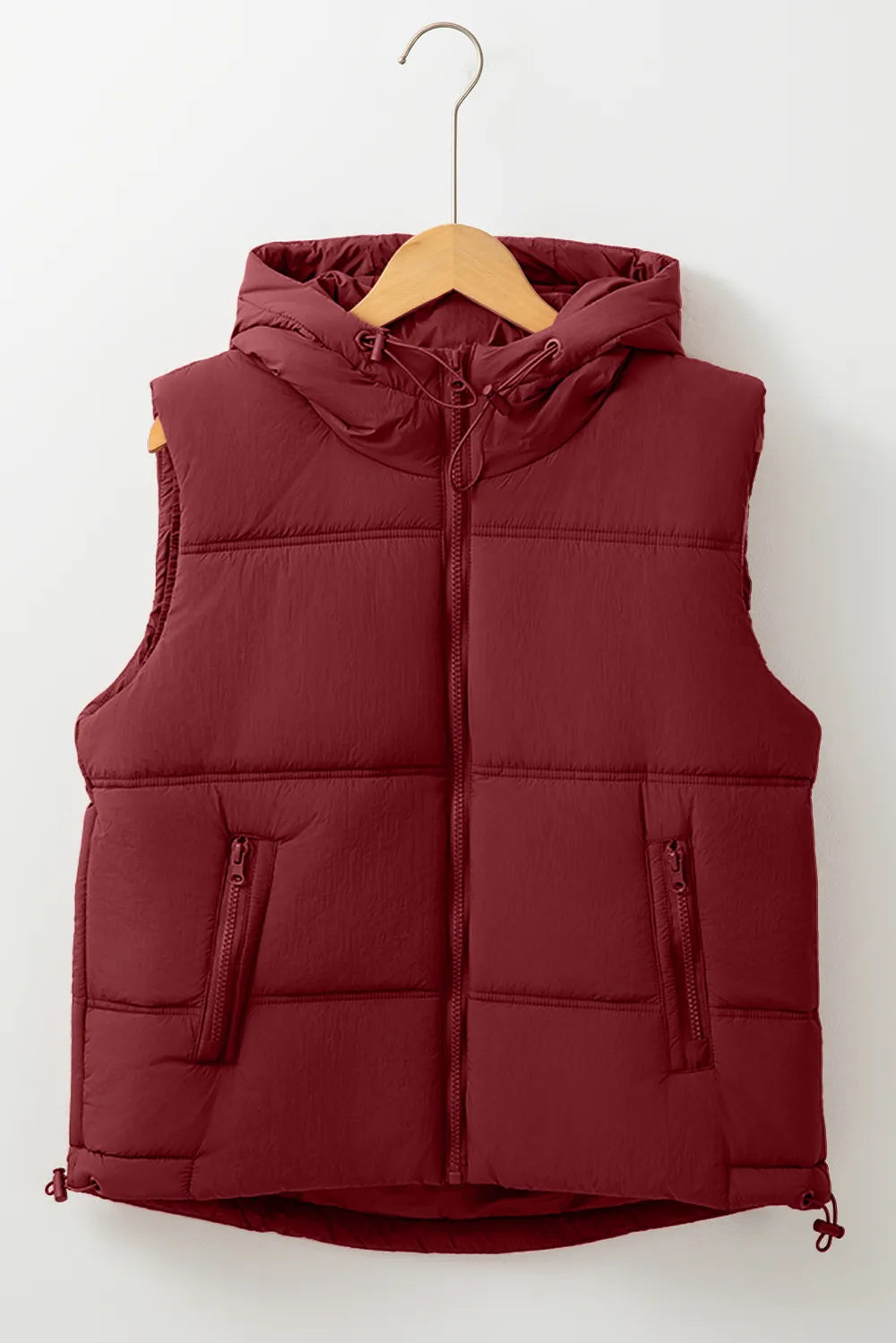 Drawstring Zip Up Hooded Vest Coat in Burgundy, view 8