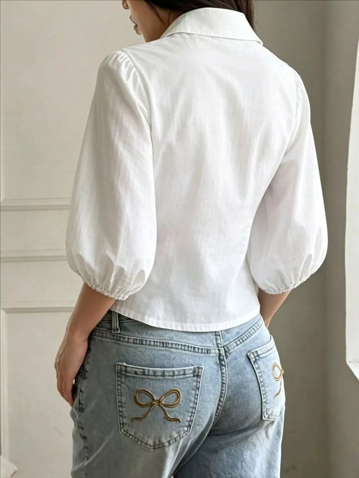 Button-Down Shirt with Puff Sleeves, view 4
