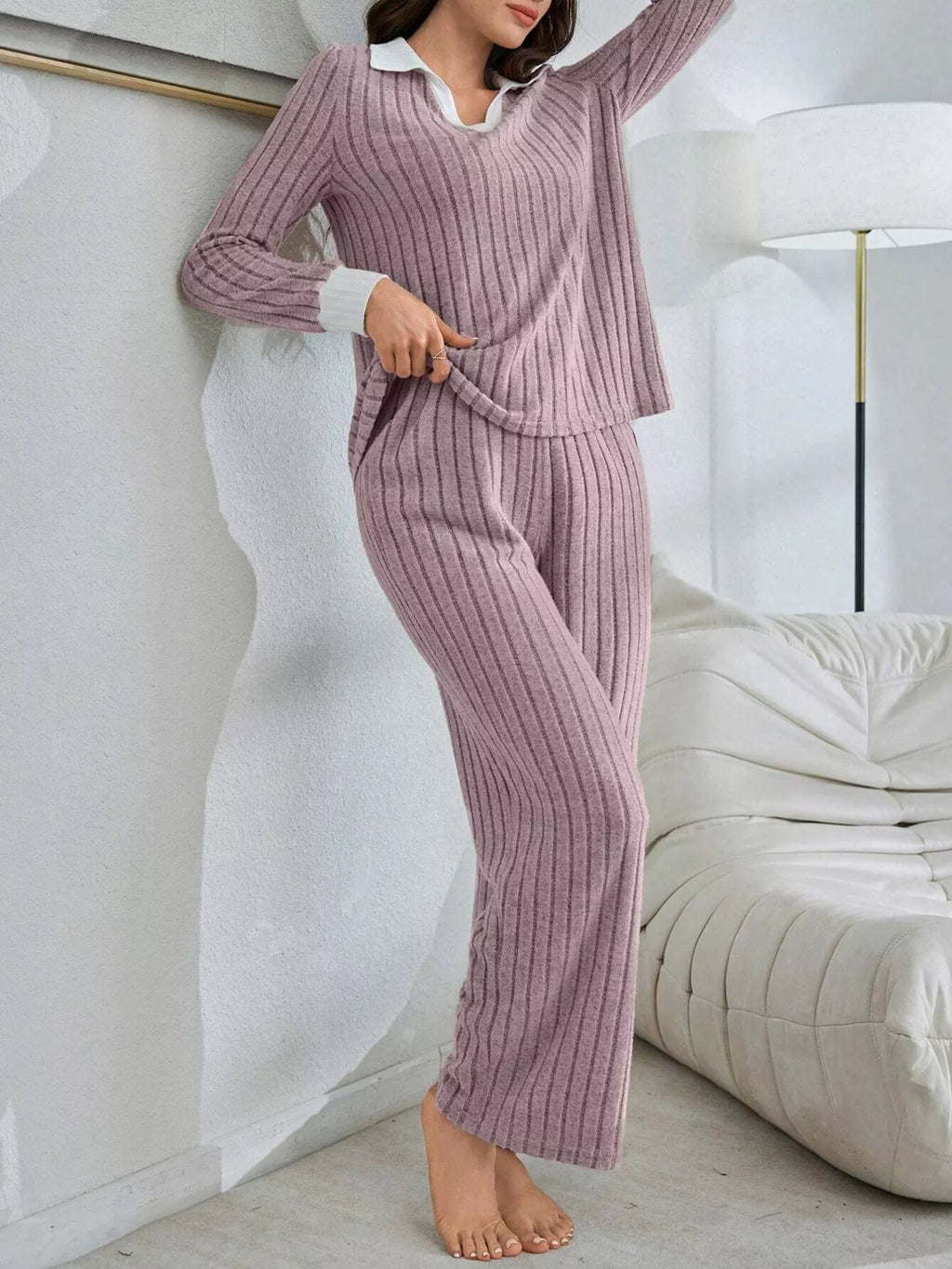 Ribbed Knit Polo Collar Top and Pants Lounge Set - Lilixa.store