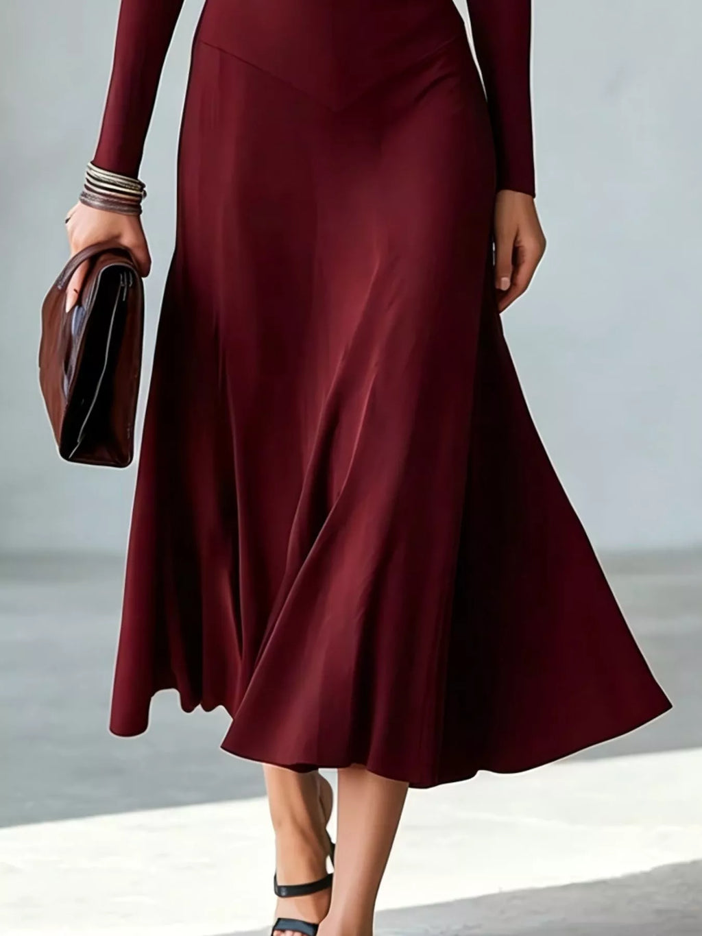 Full Size Mock Neck Cut-Out Long Sleeve Midi Dress Plus Size - Lilixa.store