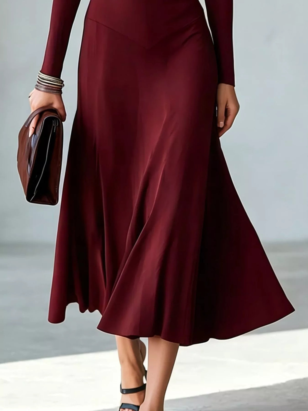 Full Size Mock Neck Cut-Out Long Sleeve Midi Dress Plus Size - Lilixa.store