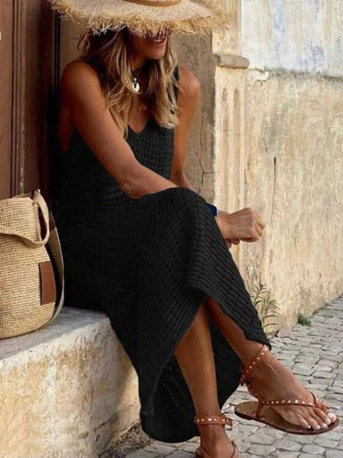 Sleeveless Crochet Knit Cover Up Maxi Dress - Lilixa.store