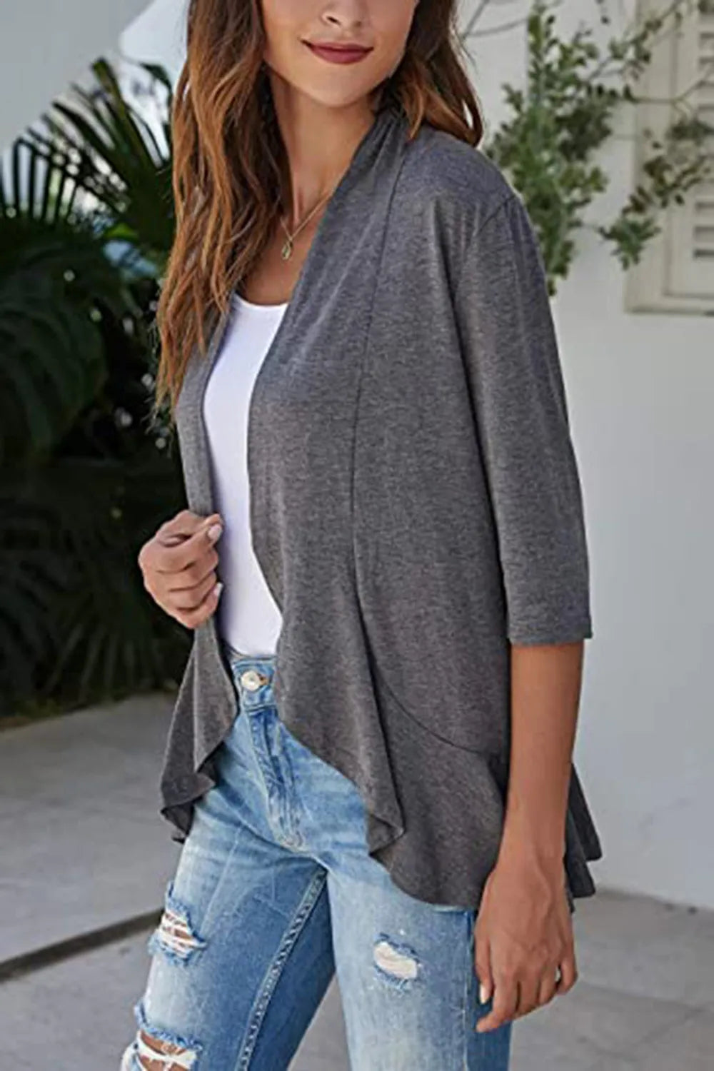 Open Front Three-Quarter Sleeve Cardigan in Dark Gray