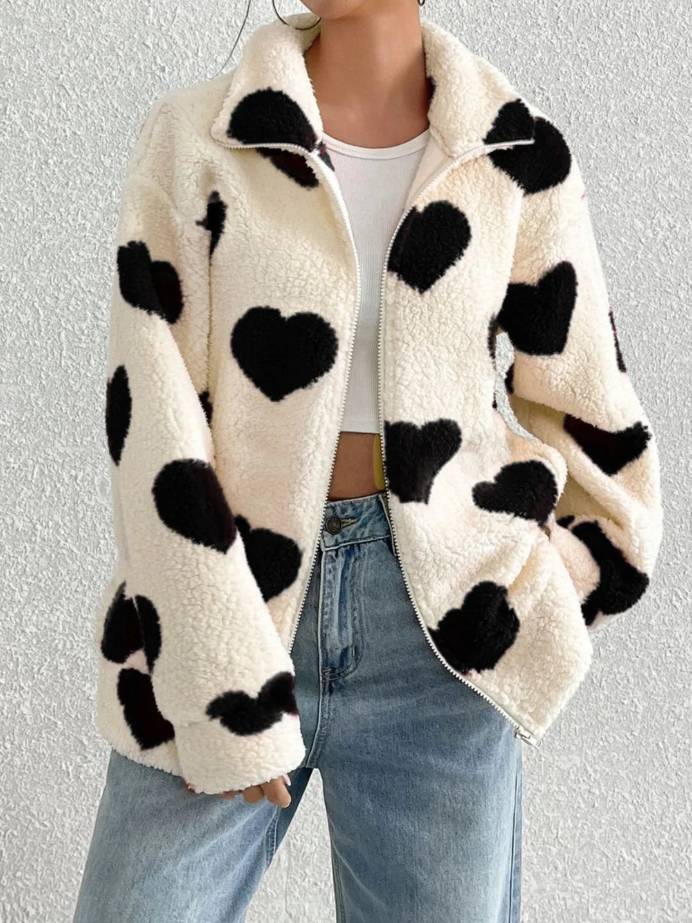 Heart Zip Up Drop Shoulder Furry Jacket in Black
