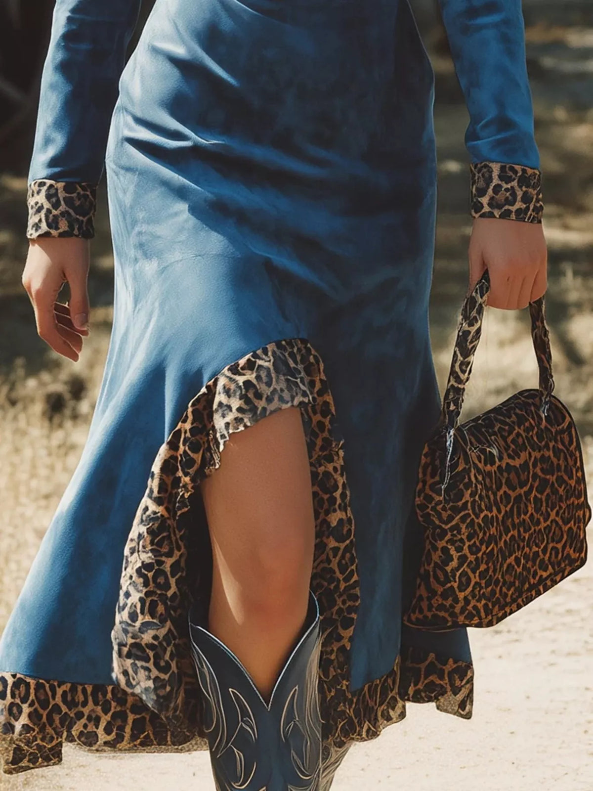 Leopard Trim Long Sleeve Dress - Lilixa.store