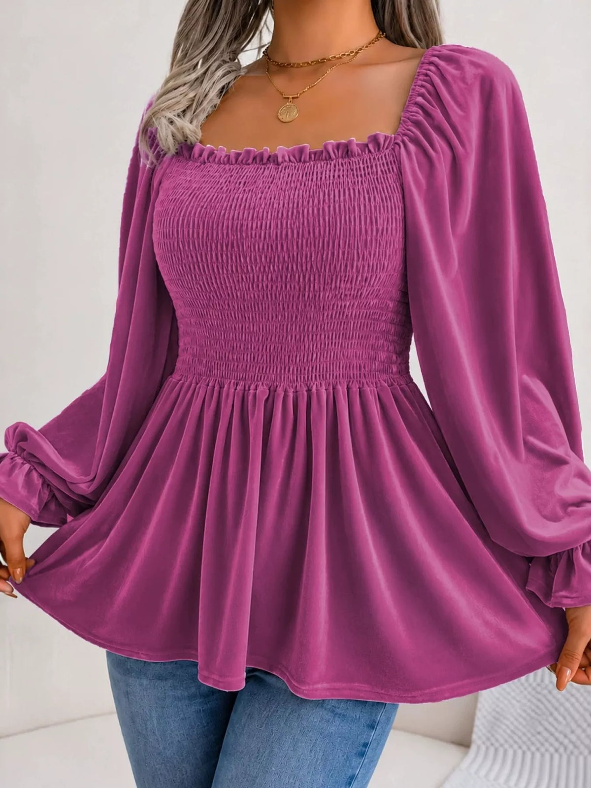 Velvet Smocked Peplum Blouse