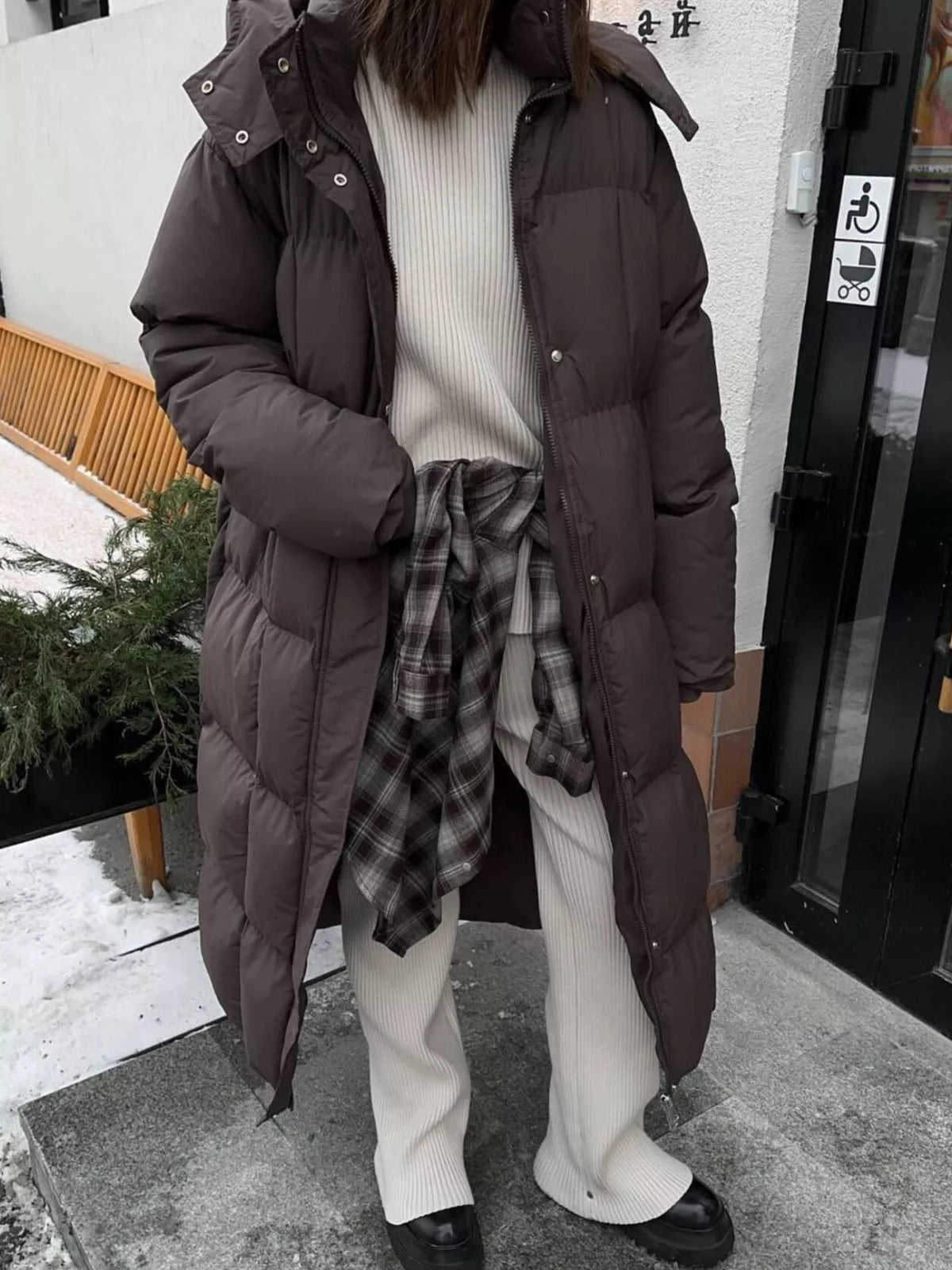 Longline Padded Winter Coat with Belted in Dark Brown