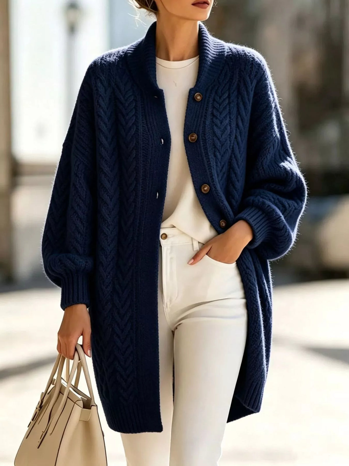 Full Size Cable-Knit Button-Down Cardigan Plus Size in Navy Blue